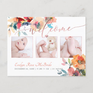 PixDezines Bloemenaquarel Babymeisje Aankondigingskaart