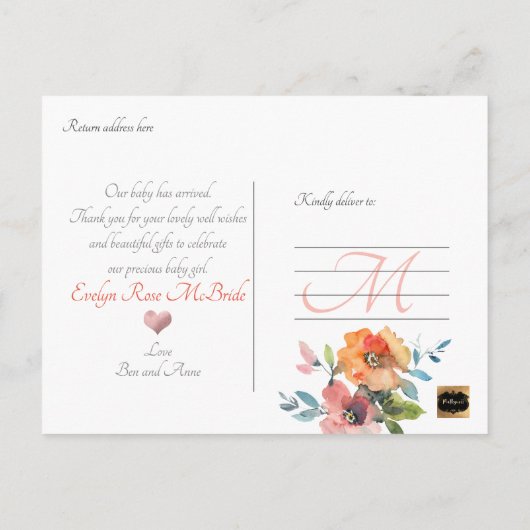 PixDezines Bloemenaquarel Babymeisje Aankondigingskaart (Achterkant)