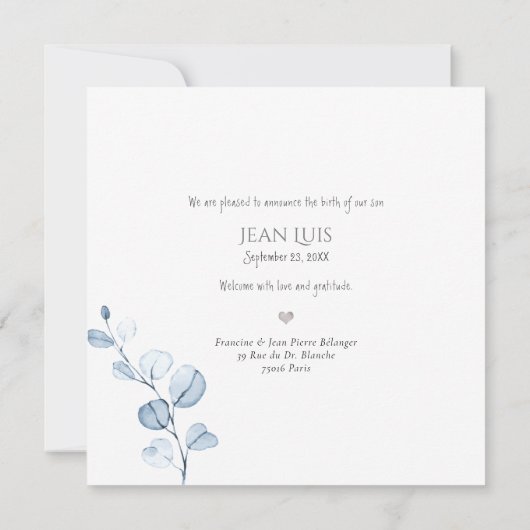 PixDezines Blue Eucalyptus Birth Notice Kaart (Achterkant)