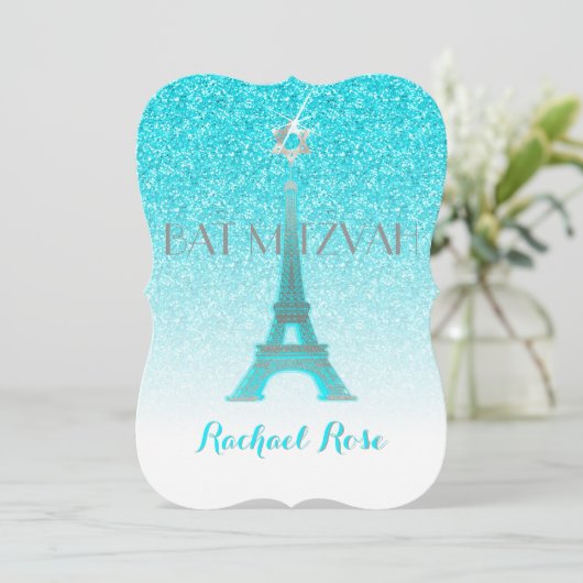 PixDezines Blue Faux Glitter Eiffeltoren/Mitswa Kaart (Staand voorkant)