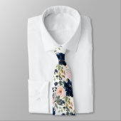 PixDezines Blush Pink Navy Blue Waterverf Flowers Stropdas (Gebonden)