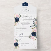 PixDezines Blush Pink Navy Blue Waterverf Flwors All In One Uitnodiging (Binnen)