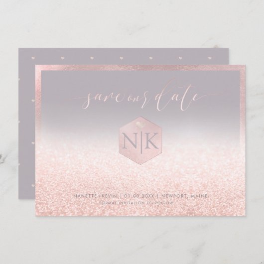 PixDezines Blush Roze Modern Script+Glitter Save The Date (Voorkant / Achterkant)