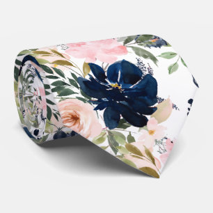 PixDezines Blush Roze Navy Blauwe Waterverf Bloeme Stropdas