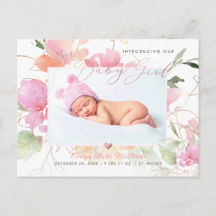 PixDezines Blush Watercolor bloemen Meisje Geboort Briefkaart