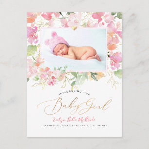 PixDezines Blush Waterverf bloemen Meisje Geboorte Briefkaart
