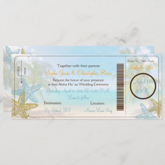 PixDezines Boarding Pass+Beach Wedding Invitations (Devant / Derrière)