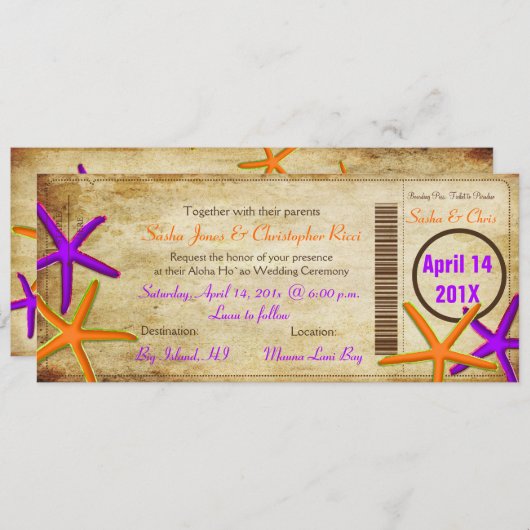 PixDezines Boarding Pass+Beach Wedding Invitations (Devant / Derrière)