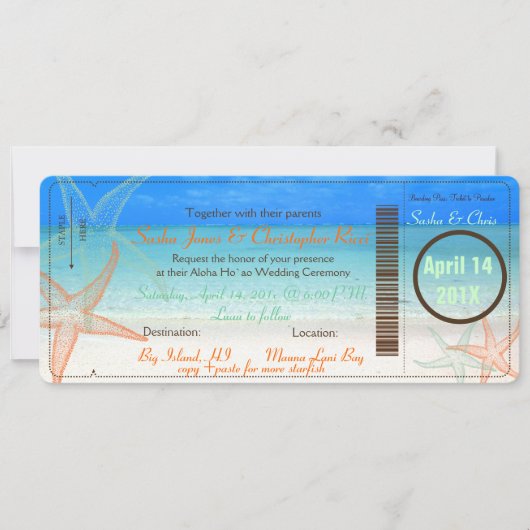 PixDezines Boarding Pass+Beach Wedding Invitting Kaart (Voorkant)