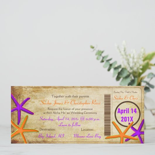 PixDezines Boarding Pass+Beach Wedding Invitting Kaart (Staand voorkant)