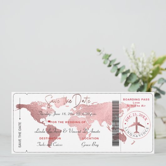 PixDezines Boarding Pass Bewaar de datum, Wereldka Kaart (Staand voorkant)