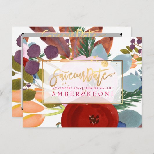PixDezines Boho Bloemen Waterverf Opslaan Datum Aankondigingskaart (Voorkant / Achterkant)