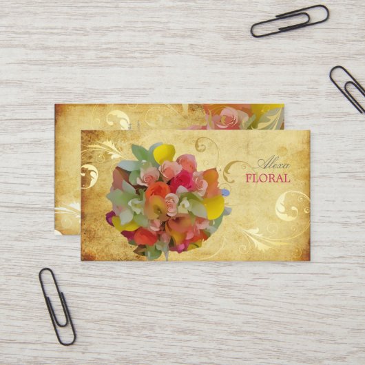 PixDezines Bruidsboeket, bloemisten/vintage Visitekaartje (Voorkant / Achterkant in situ)