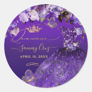 PixDezines Butterflies Quinceanera, donker Paars i Ronde Sticker