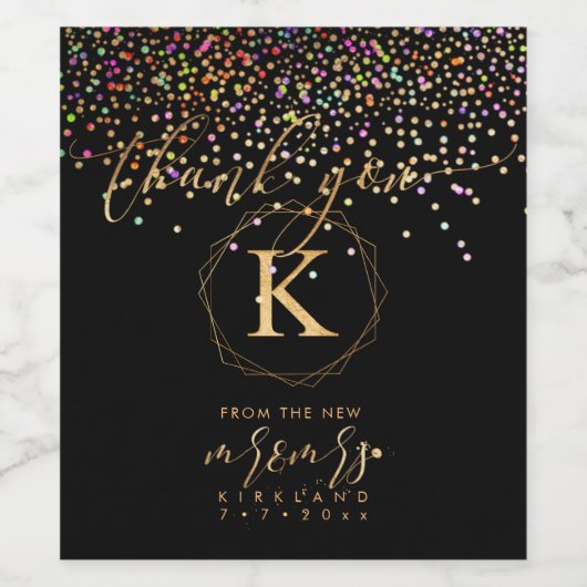 PixDezines Confetti+Monogram A-Z, nieuwe Mr. Mrs Wijn Etiket (Enkel label)