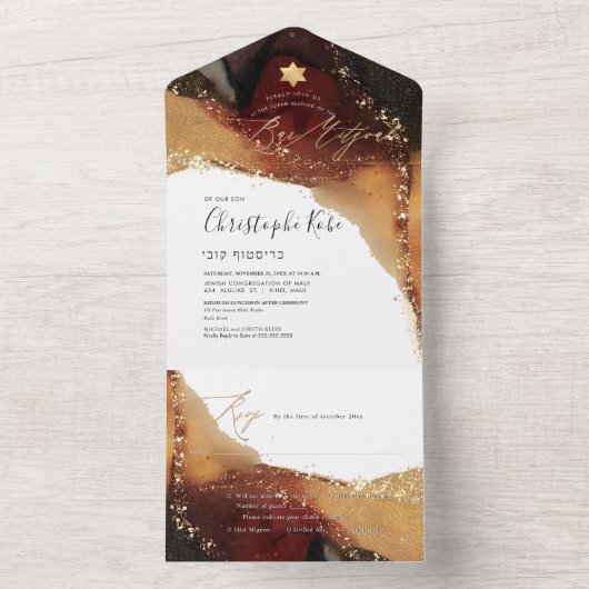 PixDezines Cosmic Rust Gold Bar Mitzvah All In One Uitnodiging (Binnen)