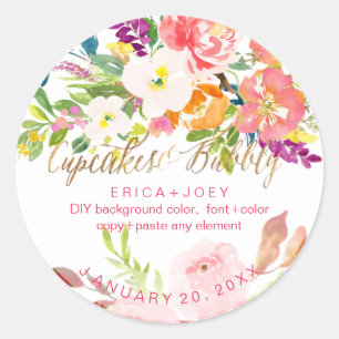 PixDezines Cupcakes + Bubble Waterverf Pioenrozen Ronde Sticker