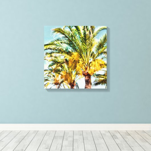PixDezines Date Palms/Lichtblauw Canvas Afdruk (Insitu (Houten vloer))