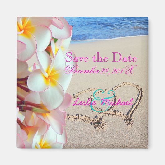 PixDezines datum opslaan, strand + roze plumeria + Magneet (Voorkant)