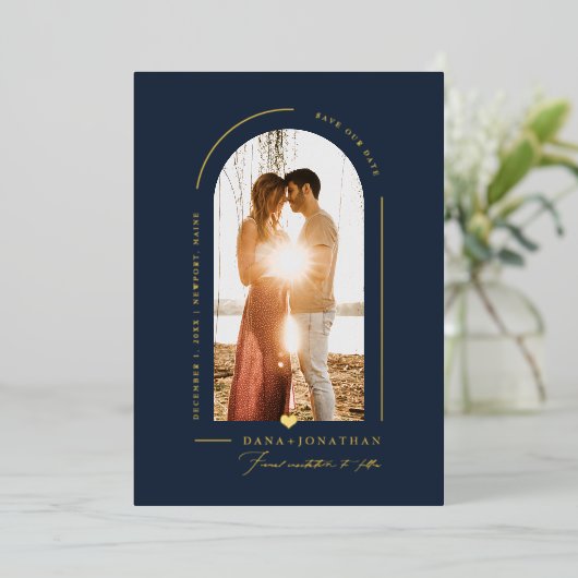 PixDezines DIY-kleur Slate Blue Arch Save Date Folie Uitnodiging (Staand Voorkant)