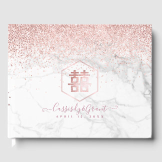 PixDezines Dubbel Geluk Marmer Roze Goud Gastenboek