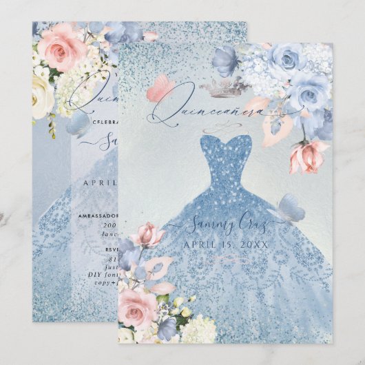PixDezines Dusty Blue Roses Quinceanera Invitation (Devant / Derrière)