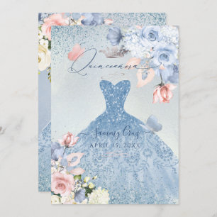 PixDezines Dusty Blue Roses Quinceanera Invitation