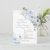 PixDezines Dusty Blue Rozen Faux Silver Glitter Kaart (Staand voorkant)