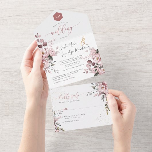 PixDezines Elegant Dusty Roos+Gum Eucalyptus All In One Uitnodiging (Afscheurbaar)