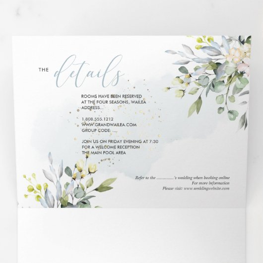 PixDezines Elegant Stof Blauw Eucalyptus Drieluik Uitnodiging (Binnenzijde eerst)