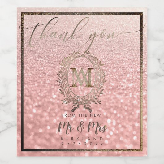 PixDezines Faux Folie Monogram + Laurel krans Wijn Etiket (Enkel label)