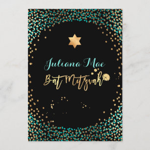 PixDezines Faux Gold+Blauwgroen Confetti Bat Mitzv Kaart