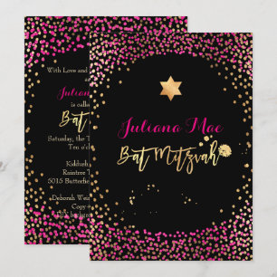 PixDezines Faux Gold+Hot Pink Confetti Bat Mitzvah Kaart