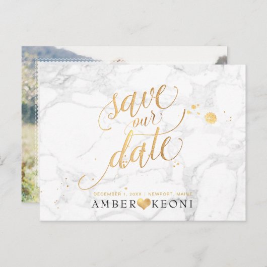 PixDezines Faux Gold/Marble/Red onze datum Briefkaart (Voorkant / Achterkant)