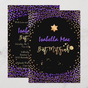 PixDezines Faux Gold+Paarse Confetti Bat Mitzvah Kaart