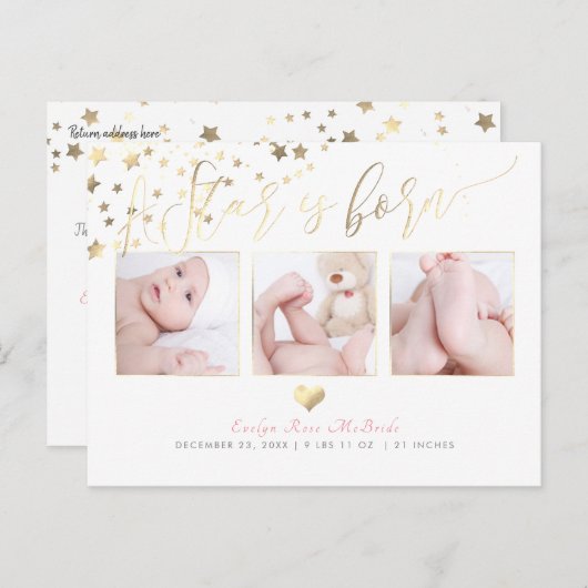 PixDezines Faux Gold Stars/Birth Announce Aankondigingskaart (Voorkant / Achterkant)