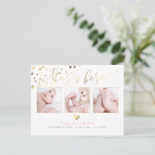 PixDezines Faux Gold Stars/Birth Announce Aankondigingskaart (Staand voorkant)