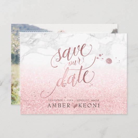 PixDezines Faux Roos Gold/Marble/sla onze datum op Aankondigingskaart (Voorkant / Achterkant)