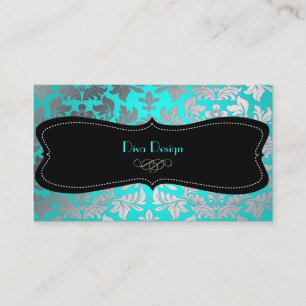 PixDezines Faux Silver Baroque damask aqua Visitekaartje