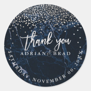 PixDezines Faux Silver Confetti/Blauw Marmer Ronde Sticker