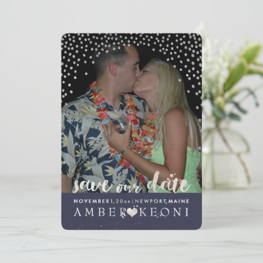 PixDezines Faux Silver Confetti/Hart/Opslagdatum Save The Date (Staand voorkant)