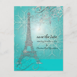 PixDezines Faux Silver Eiffel Tower/Blauwgroen Aankondigingskaart