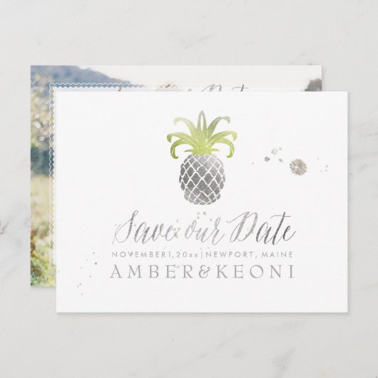 PixDezines Faux Silver/Pineapple/Save onze datum Aankondigingskaart (Voorkant / Achterkant)