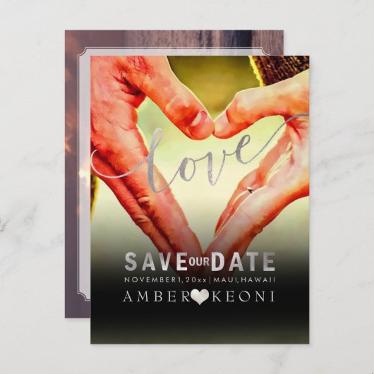PixDezines Faux Silver Save the Date/Heart Aankondigingskaart (Voorkant / Achterkant)