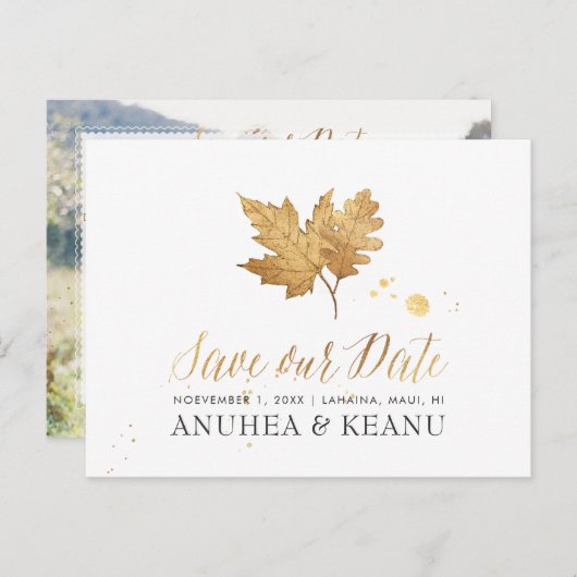 PixDezines FauxGold Herfst Foliage/Bewaar onze dat Aankondigingskaart (Voorkant / Achterkant)