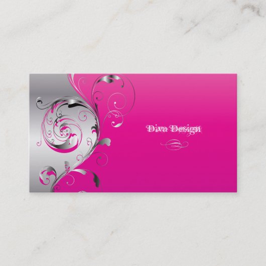 PixDezines Filigree+swirls/zilver+heet roze Visitekaartje (Voorkant)
