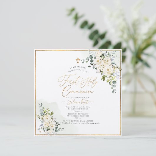 PixDezines H2 Albasten Rozen Eerste Heilige Commun Kaart (Staand voorkant)