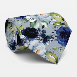 PixDezines H2 Bloemen Navy en Stofblauw Stropdas
