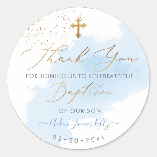 PixDezines H2 Blue Gold Dust Baptism Hartelijk dan Ronde Sticker (Voorkant)