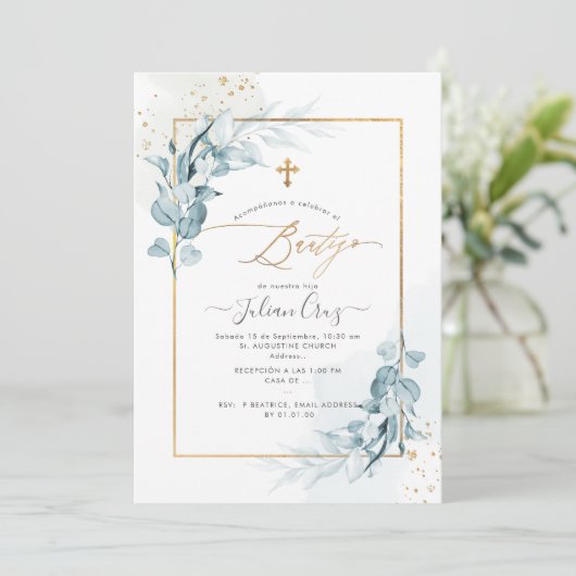 PixDezines H2 Blue Gum Eucalyptus Bautizo Kaart (Staand voorkant)